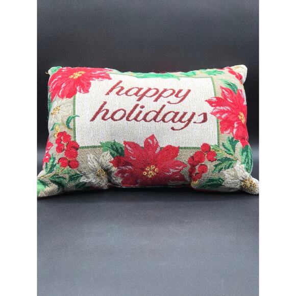 Happy Holidays 2 Needlepoint Petit Retangle Couch Throw Pillows Red Poinsettia - Picture 3 of 8